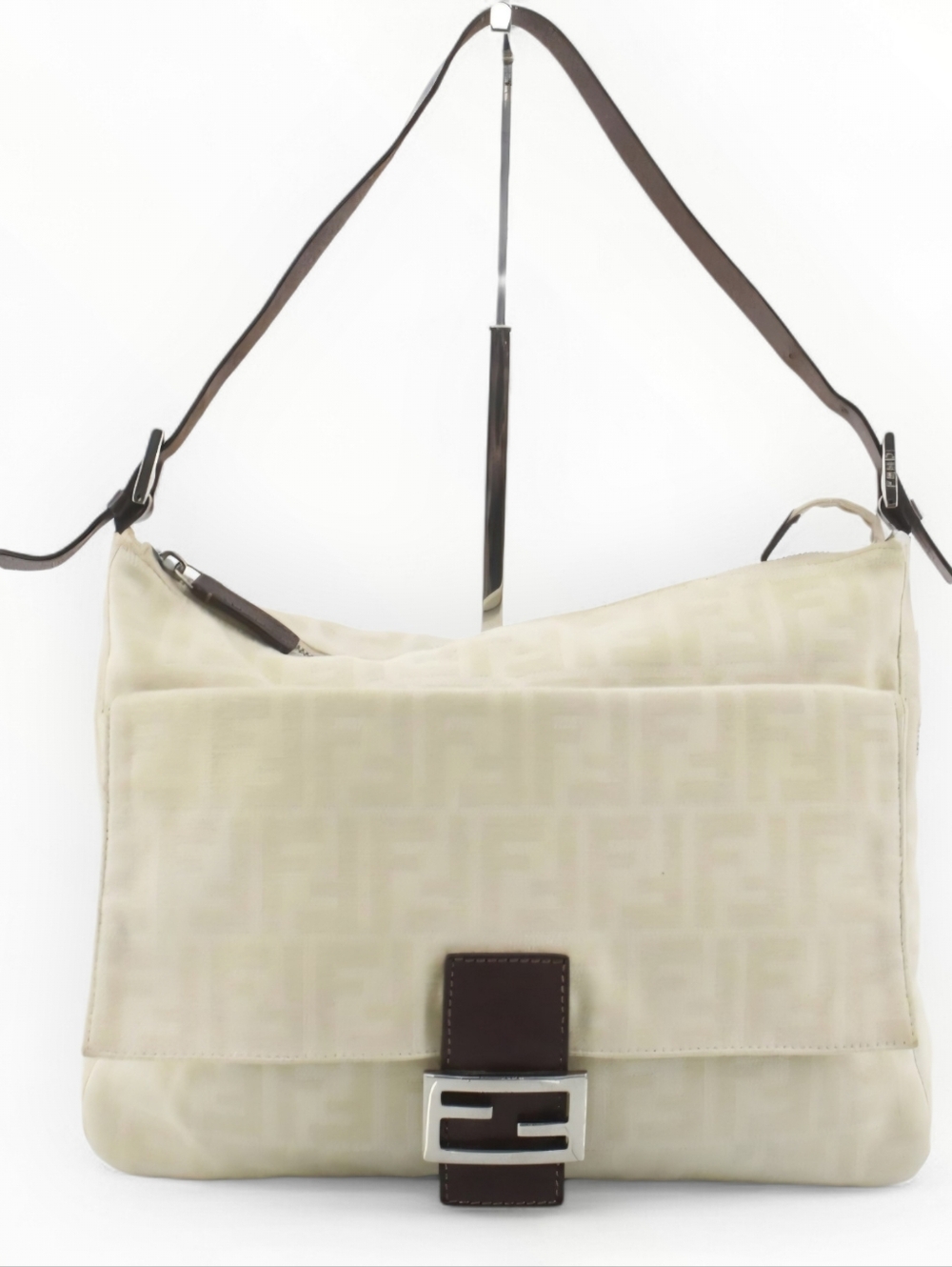 Fendi Mama Baguette Cream Zucca Shoulder Bag Brown Lether Trim